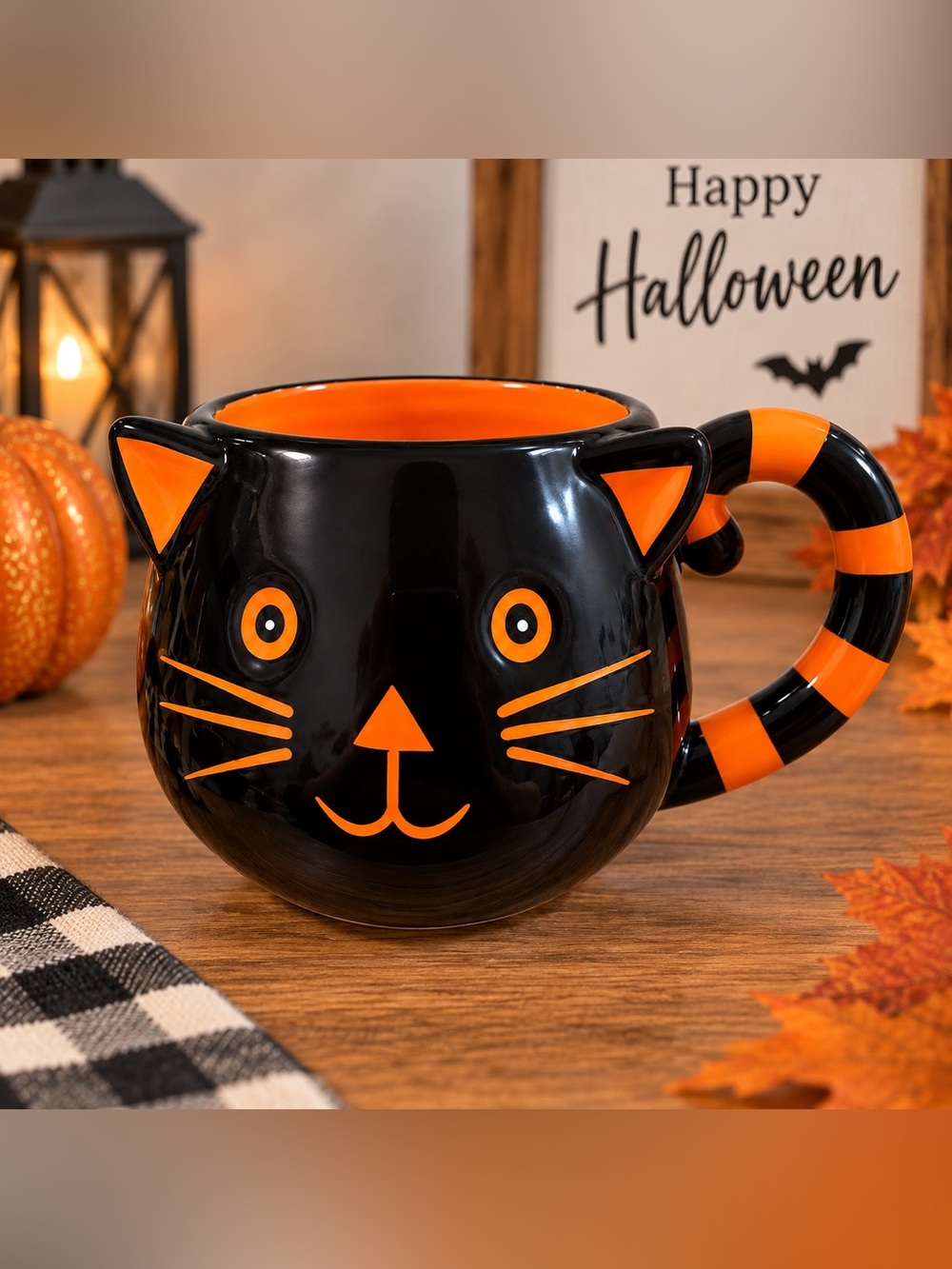 Black & Orange Cat-Shaped Ceramic Coffee Mug - Cute Halloween Design